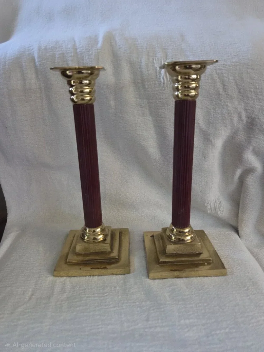 Vintage Brass Burgundy Column Candlestick Holders Pair Neoclassical Regency 7.5